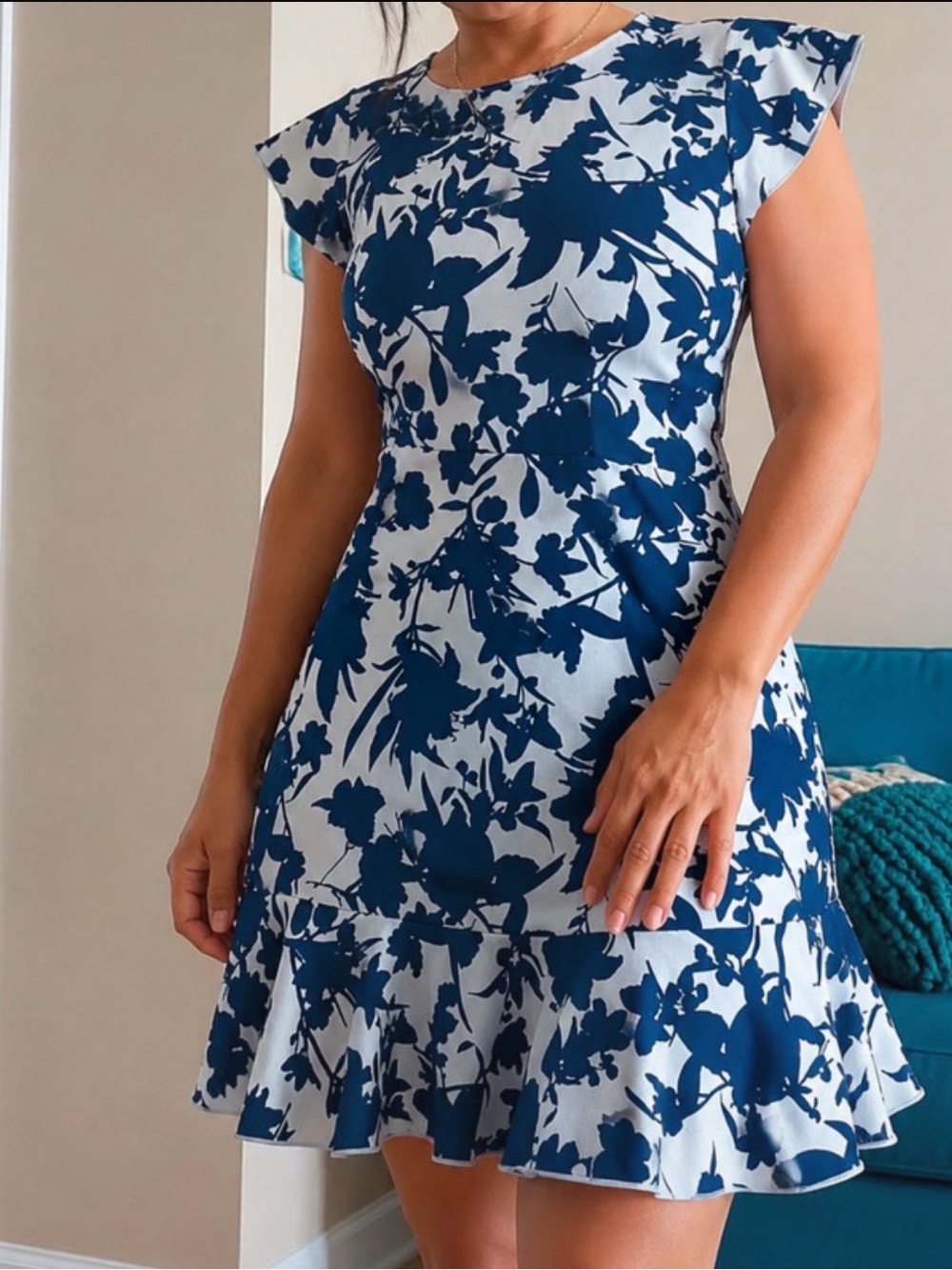 Blue Floral Cap-Sleeve Mini Dress by